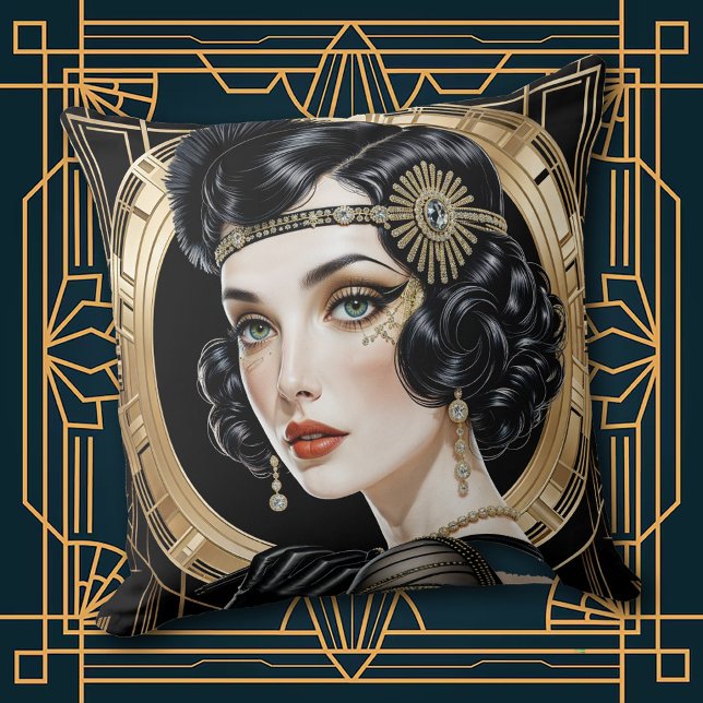 1920s Cocktail Elegance Flapper Girl Throw Pillow (Creator Uploaded)