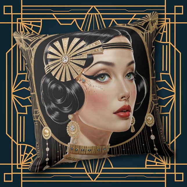 1920s Cocktail Elegance Flapper Girl Throw Pillow (Creator Uploaded)