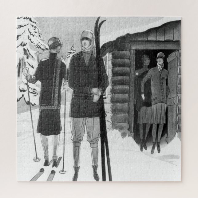 1920s Fashionable Women on Ski Trip BW Jigsaw Puzz Jigsaw Puzzle (Vertical)