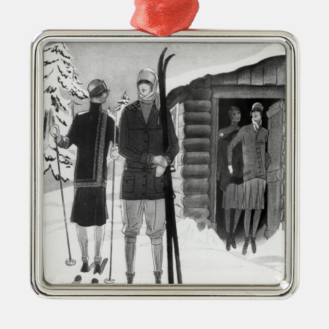 1920s Fashionable Women on Ski Trip BW Metal Ornament (Front)