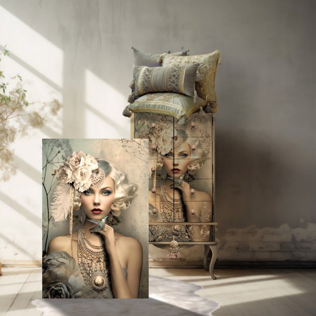 1920's Flapper Beauty, and Hummingbird, decoupage Tissue Paper (1920's Inspired Flapper Girl & a hummingbird. Light Dusty, Silver, Blue Adorned Lady Decoupage Paper)