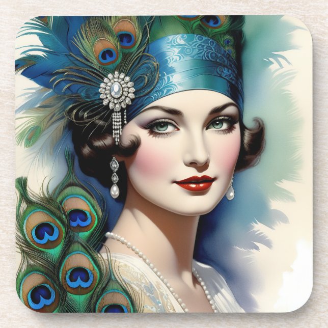 1920s Flapper Girl Peacock Coaster Set (Front)
