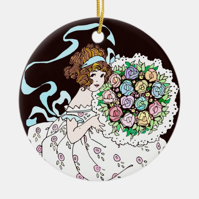 1920s Flower Girl with Bouquet Ceramic Ornament (Front)