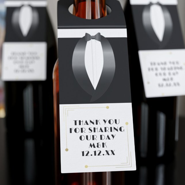 1920s Gatsby Wedding Tuxedo Thank You Bottle Tag (1920s tuxedo bottle tag with space for a short thank you message. Perfect for a 1920s wedding theme)