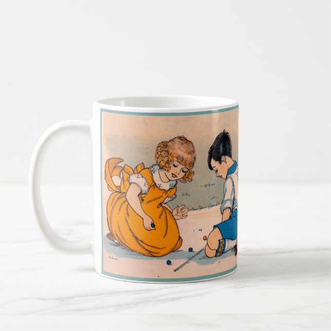 1920s girl and boy playing marbles coffee mug (Left)