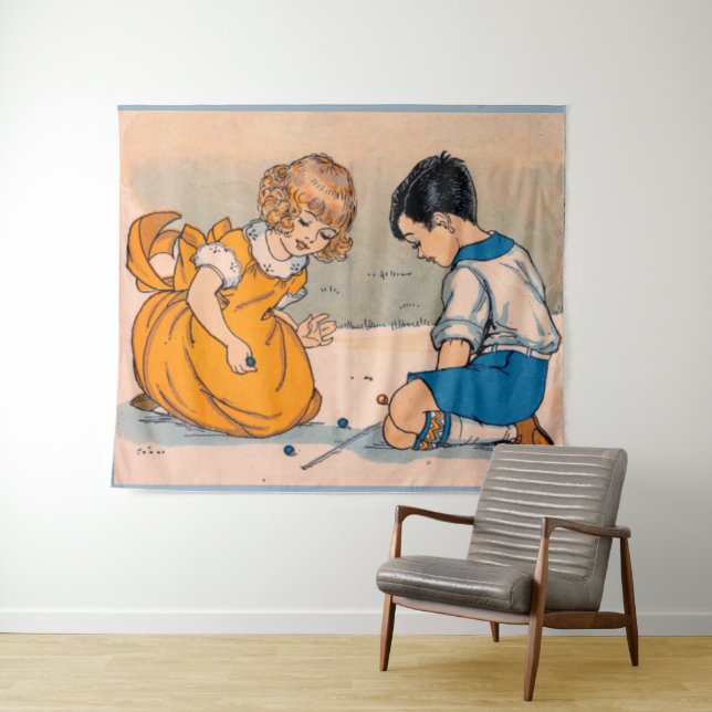 1920s girl and boy playing marbles tapestry (In Situ (Horizontal))