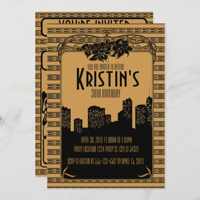 1920's Golden, Art Deco Party Invitations (Front/Back)