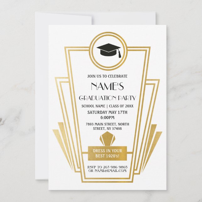 1920s Graduation Party Art Deco Invite Gatsby Gold (Front)