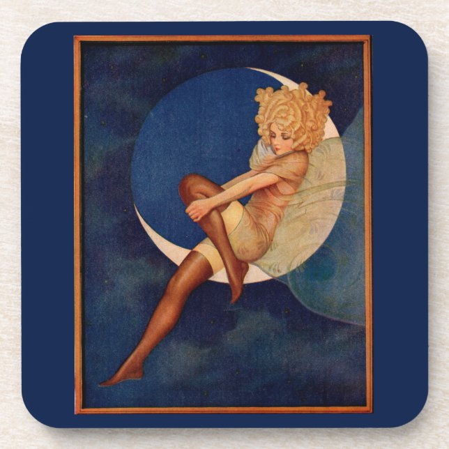 1920s hosiery ad beautiful woman on the moon coaster (Front)