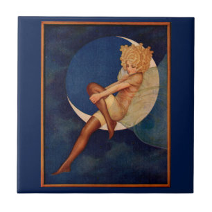 1920s hosiery ad beautiful woman on the moon tile