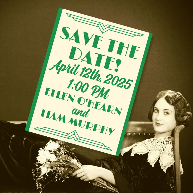 1920's Jade on Beige Wedding Save-the-Date Postcard (Creator Uploaded)