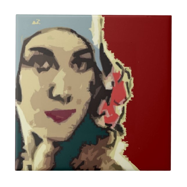 1920s Lady in a Blue Hat Burgundy Ceramic Tile (Front)