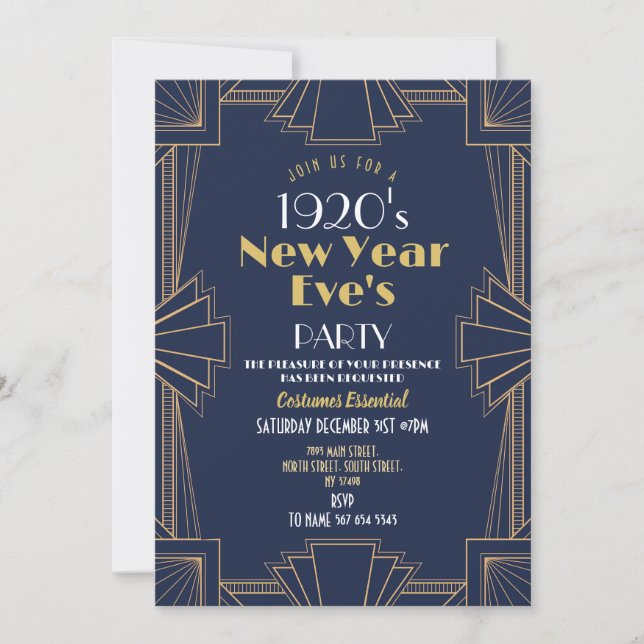 1920s New Year Party Art Deco Navy Gold Invitation (Front)