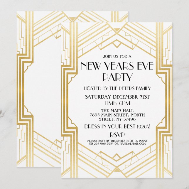 1920's New Years Eve Invite Gatsby Party Gold (Front/Back)