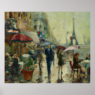 1920s Paris Heavy Rain Café Street Painting Poster