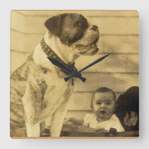 1920s pitbull guards baby square wall clock
