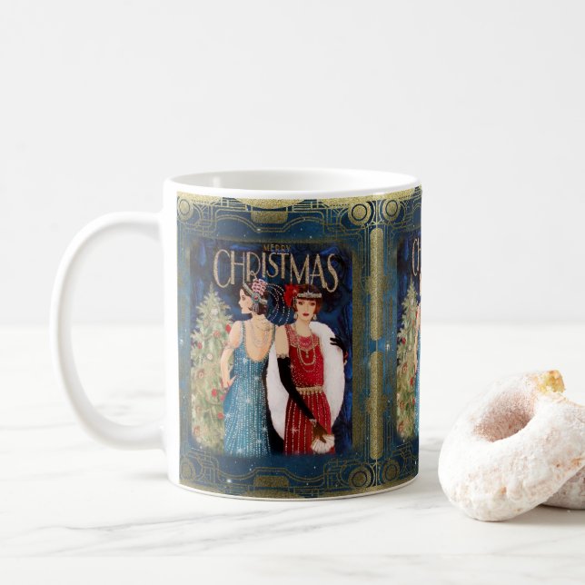 1920's Retro Ladies Christmas Blue Gold Red    Coffee Mug (With Donut)