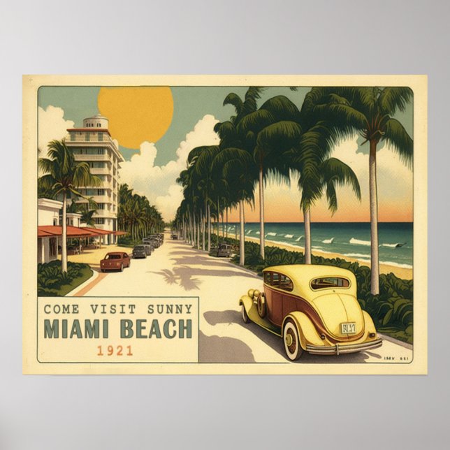 1920s retro Miami Beach Ocean Drive postcard Poster (Front)