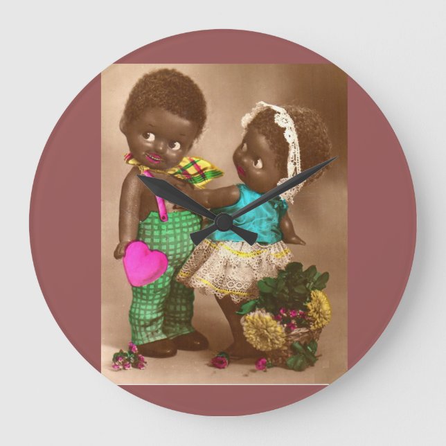 1920s RPPC adorable black dolls in love Large Clock (Front)