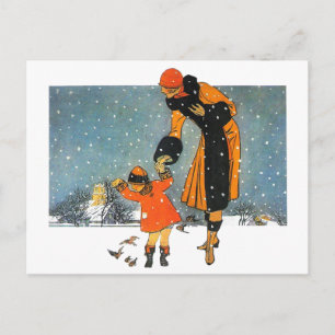 1920s Winter Scene - Woman & Child Feeding Birds Postcard
