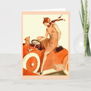 1920s woman, car and dog card