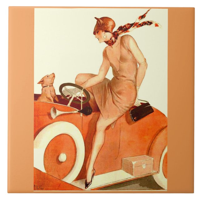 1920s woman, car and dog ceramic tile (Front)