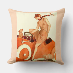 1920s woman, car and dog cushion