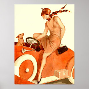 1920s woman, car and dog poster