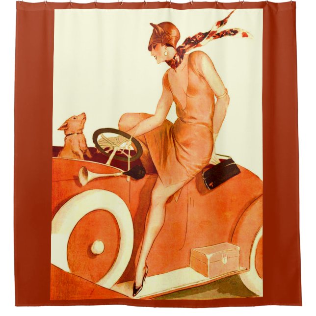 1920s woman, car and dog shower curtain (Front)