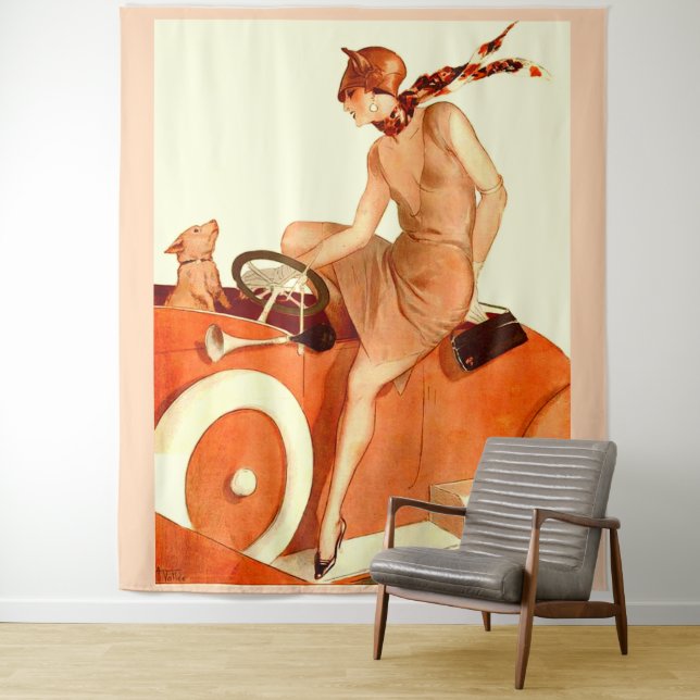 1920s woman, car and dog tapestry (In Situ)
