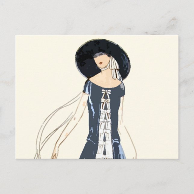 1920s Women's Fashion Dress and Hat Postcard (Front)