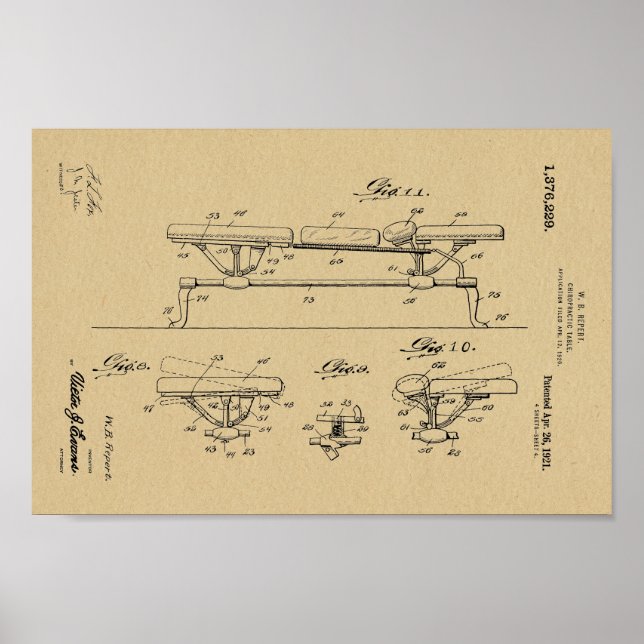 1921 Vintage Chiropractic Table Patent Art Print (Front)