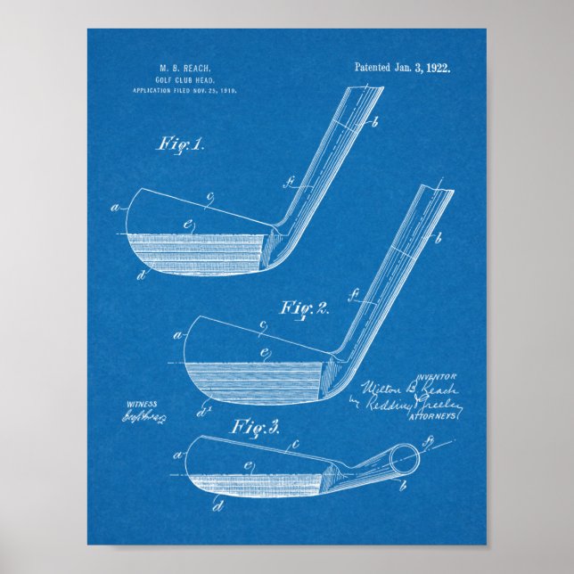 1922 Golf Club Head Design Patent Art Print (Front)