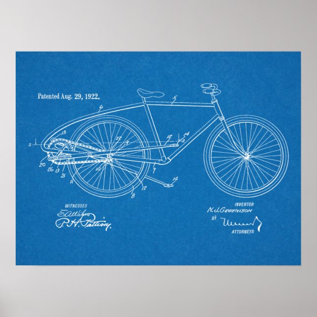 1922 Vintage Bicycle Patent Blueprint Art Print (Front)