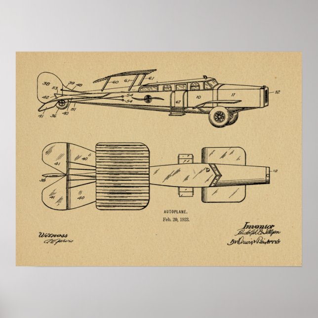 1923 Flying Car Autoplane Patent Art Drawing Print (Front)