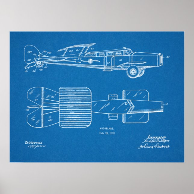 1923 Flying Car Autoplane Patent Art Drawing Print (Front)