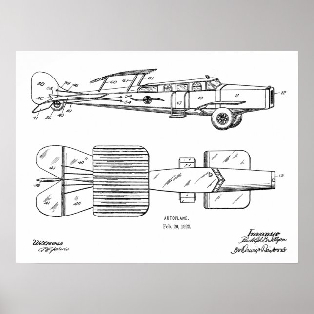 1923 Flying Car Autoplane Patent Art Drawing Print (Front)