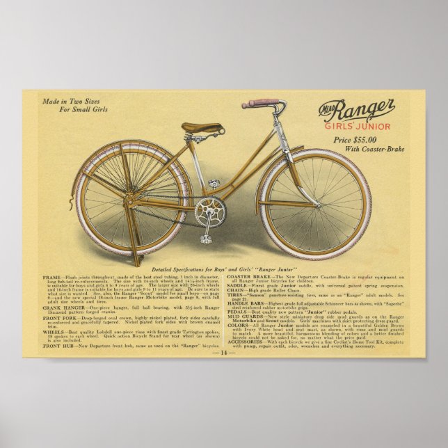 1923 Girls Junior Ranger Bicycle Ad Art Poster (Front)