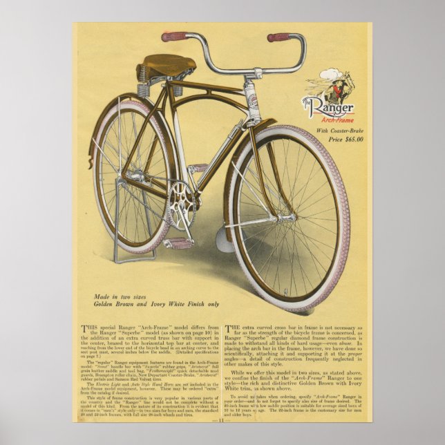1923 Ranger Arch Frame Bicycle Ad Art Poster (Front)
