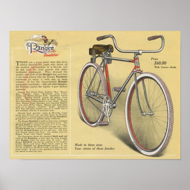 1923 Vintage Ranger Roadster Bicycle Ad Art Poster (Front)
