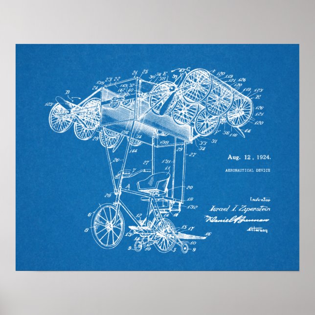 1924 Flying Bicycle Aeroplane Patent Art Drawing Poster (Front)