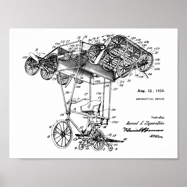 1924 Flying Bicycle Aeroplane Patent Drawing Print (Front)