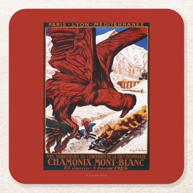 1924 Olympic Winter Games Poster Square Paper Coaster (Front)