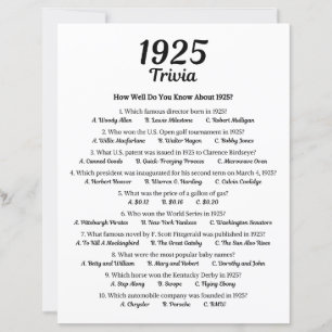 1925 Trivia Game   100th Birthday Party Game