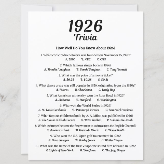 1926 Trivia Game | 99th Birthday Party Game (Front)