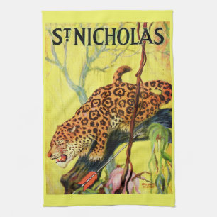 1929 St. Nicholas magazine cover leopard print Tea Towel