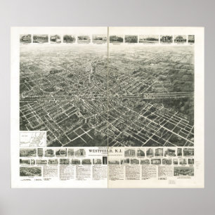 1929 Westfield, NJ Birds Eye View Panoramic Map Poster