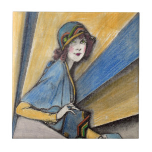 1930 fashionable woman in cloche hat ceramic tile