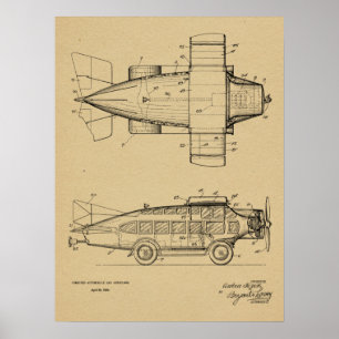 1930 Flying Car Aeroplane Patent Art Drawing Print