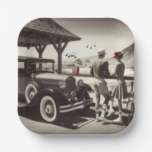 1930 Vintage Car Couple Black White Paper Napkins Plate